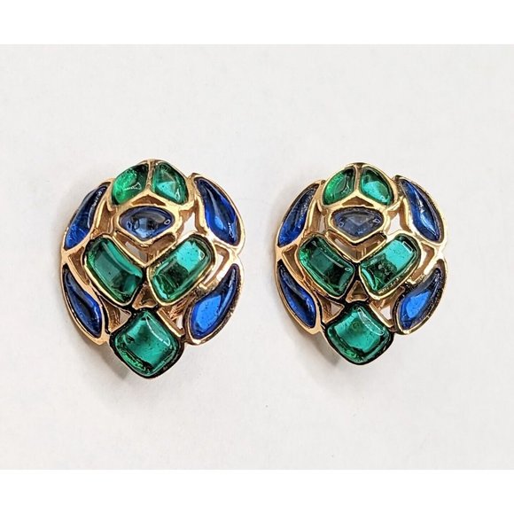 Crown Trifari Modern Mosaics Green Blue Gold Tone Clip On Earrings 1960s - Picture 8 of 8